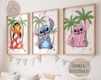 3 Watercolor Stitch Posters - Lilo & Stitch, Ohana Means Family, Stitch Wall Art, Digital Download, Stitch Printable Posters, Nursery Stitch
