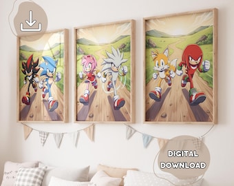 May include: Three framed prints featuring Sonic the Hedgehog characters running on a path. The prints have a light wood frame and a landscape background. The text "DIGITAL DOWNLOAD" is visible on the bottom right.
