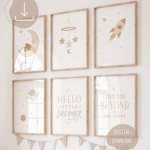 Boho Celestial Nursery Prints Set of 6, Moon Stars Rocket Teddy Bear Wall Art, Gender Neutral Baby Room Decor Digital Download Printable