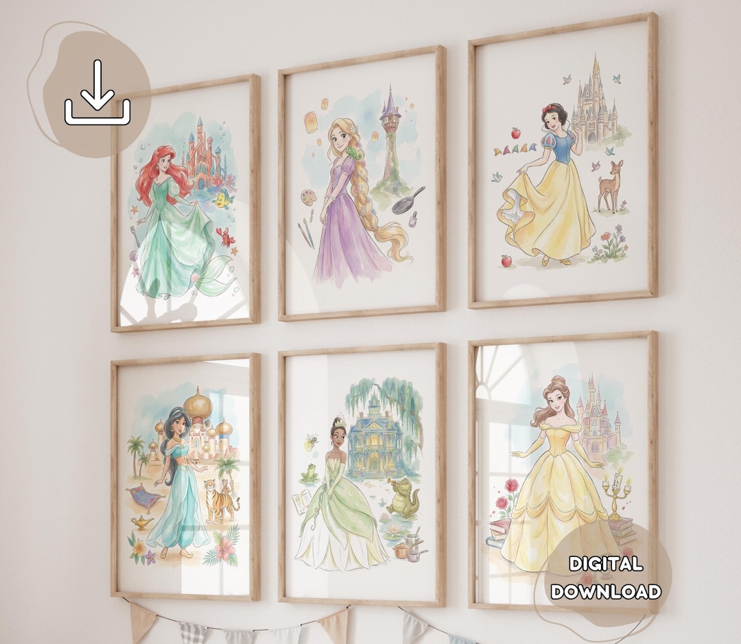 6 Gentle Princesses Drawing Posters - Kids Room Decor, Princess ...