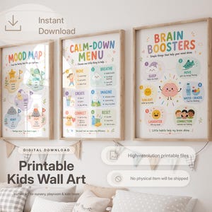 Kids Self Regulation Posters Set of 3, Mood Map, Calm Down Menu, Brain Boosters, Coping Skills, Calm Corner Printable Download