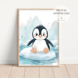 Decoración de vivero de animales árticos - Impresiones de vivero de pingüinos - Arte de pared ártica de aventura - Decoración de vivero neutral de género - Pintura de acuarela animal
