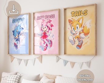 May include: Three digital printable wall art prints featuring characters from the Sonic the Hedgehog video game series. The prints are in a cartoon style and feature Sonic, Tails, and Amy Rose. The prints are labeled with the character's names.