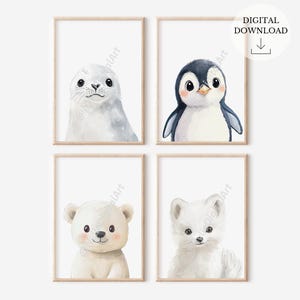 Conjunto de 4 encantadores animales árticos - Decoración de vivero - Impresiones de vivero - Impresión digital - Arte de pared de vivero ártico - Decoración de vivero neutral de género