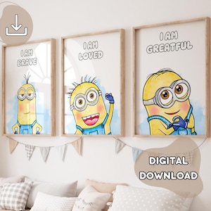 3 stampe Minions con affermazione - Nursery Cattivissimo me, poster Minions acquerello, set da 3, regalo per bambini, baby shower, download digitale