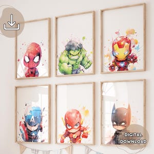 6 stampe di supereroi ad acquerello - Poster di eroi per bambini, regalo per ragazzi, decorazione per la sala giochi, stampe di Avengers per la cameretta dei bambini, download digitale, disegno
