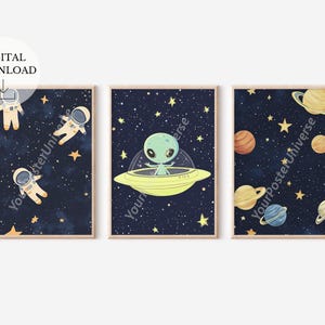 3 carteles de dibujo del cosmos - arte de la pared de dibujos animados, decoración de la habitación de los bots, dibujo alienígena, cartel de astronauta, ducha de la habitación del bebé, decoración de la habitación espacial