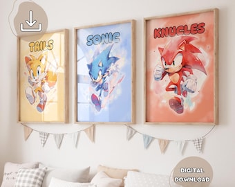 May include: Three digital prints featuring characters from the Sonic the Hedgehog video game series. The prints are framed in wood and feature the characters Tails, Sonic, and Knuckles. The prints are set against a white wall with a string of white and gray bunting.