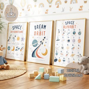Space Alphabet Nursery Prints Set of 3, Rocket Affirmations, Dream in Orbit, Boys Room Wall Art, Digital Download Printable Decor