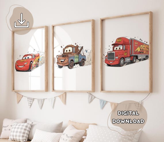 3 Minimalist Lightning McQueen Prints, Hand-Drawing Cars Poster, Prints for Kids, Cars Wall Art, Nursery, Boys Room Decor, Mack, Tow Mater