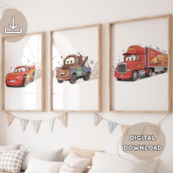3 Minimalist Lightning McQueen Prints, Hand-Drawing Cars Poster, Prints for Kids, Cars Wall Art, Nursery, Boys Room Decor, Mack, Tow Mater