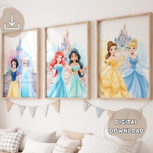 May include: Three framed watercolor prints featuring Disney princesses. Each print showcases two princesses in front of a castle. The princesses are Snow White and Elsa, Ariel and Jasmine, and Belle and Cinderella. The prints are labeled "DIGITAL DOWNLOAD".