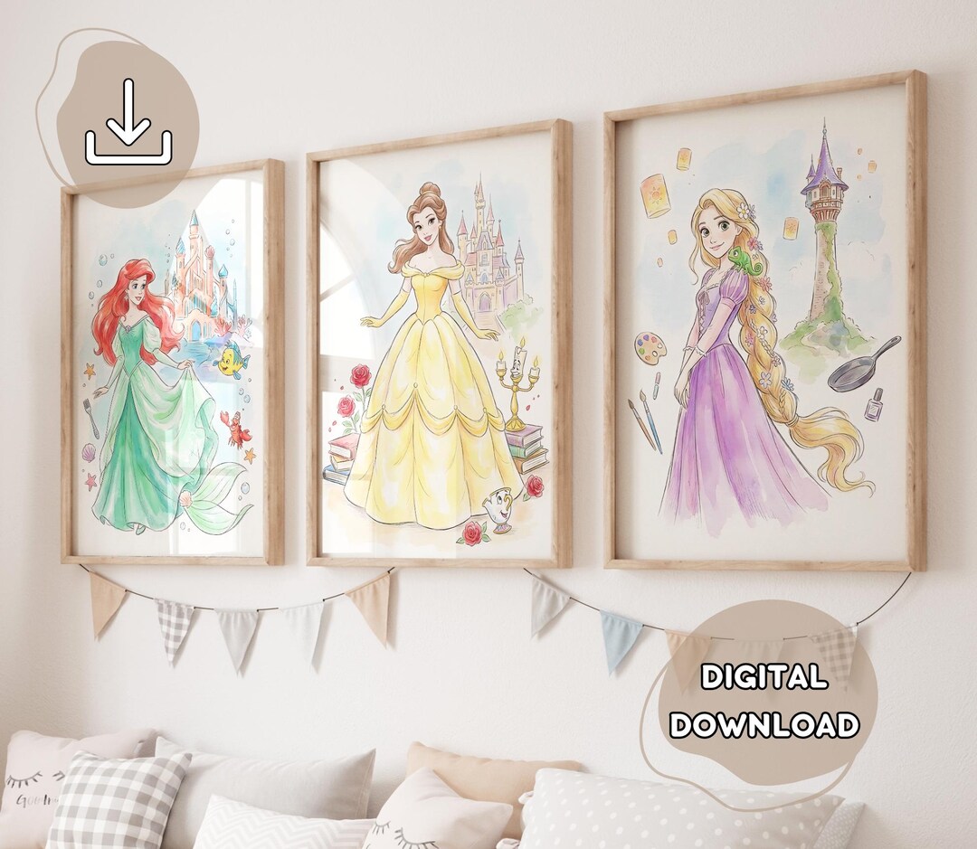 3 Cute Artwork Princesses Posters - Princess Theme, Nursery Wall Art ...