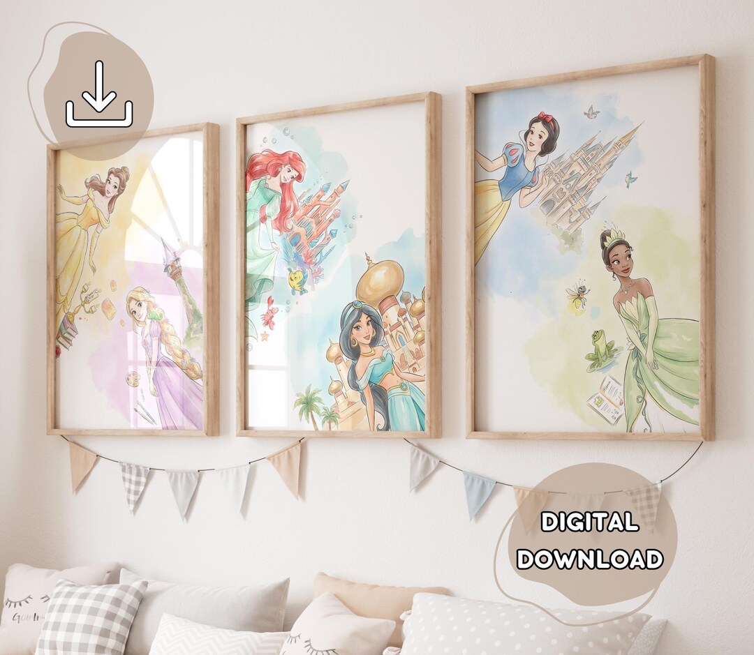3 Hand-drawing Princesses Posters - Modern Princess Theme, Nursery Wall ...