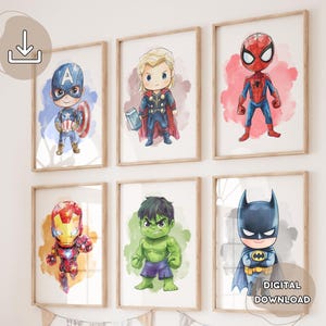 6 láminas de superhéroes en acuarela: pósteres de héroes para bebés, regalo para niños, decoración de sala de juegos, láminas de Los Vengadores para guardería, descarga digital, dibujo