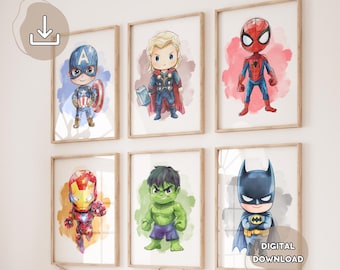 6 Watercolor Superheroes Prints - Baby Hero Posters, Gift for Boys, Playroom Decoration, Nursery Avengers Prints, Digital Download, Drawing
