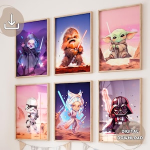 6 pósteres de Star Wars: Póster de Baby Yoda, ideal como regalo para la habitación de los niños, decoración de guardería, impresiones de Darth Vader, descarga digital, temática desértica.