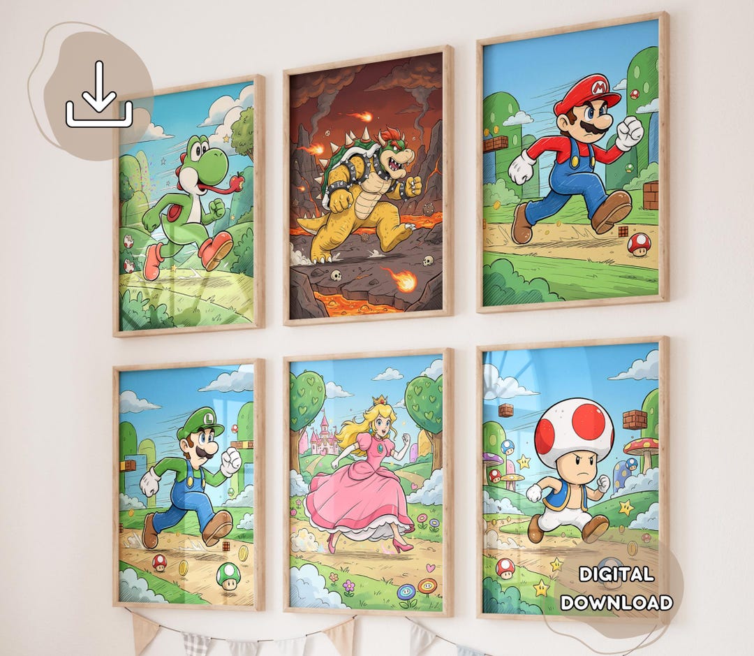 6 Cartoon Super Mario Bros Prints - Kids Room Decor, Mario & Luigi ...