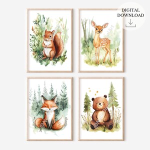 4 Waldtier-Poster – Aquarell-Wald-Wandkunst, Kinderzimmer-Dekor, Drucke für Kinder, Wald-Thema, digitaler Download, Wald-Kinderzimmer-Drucke