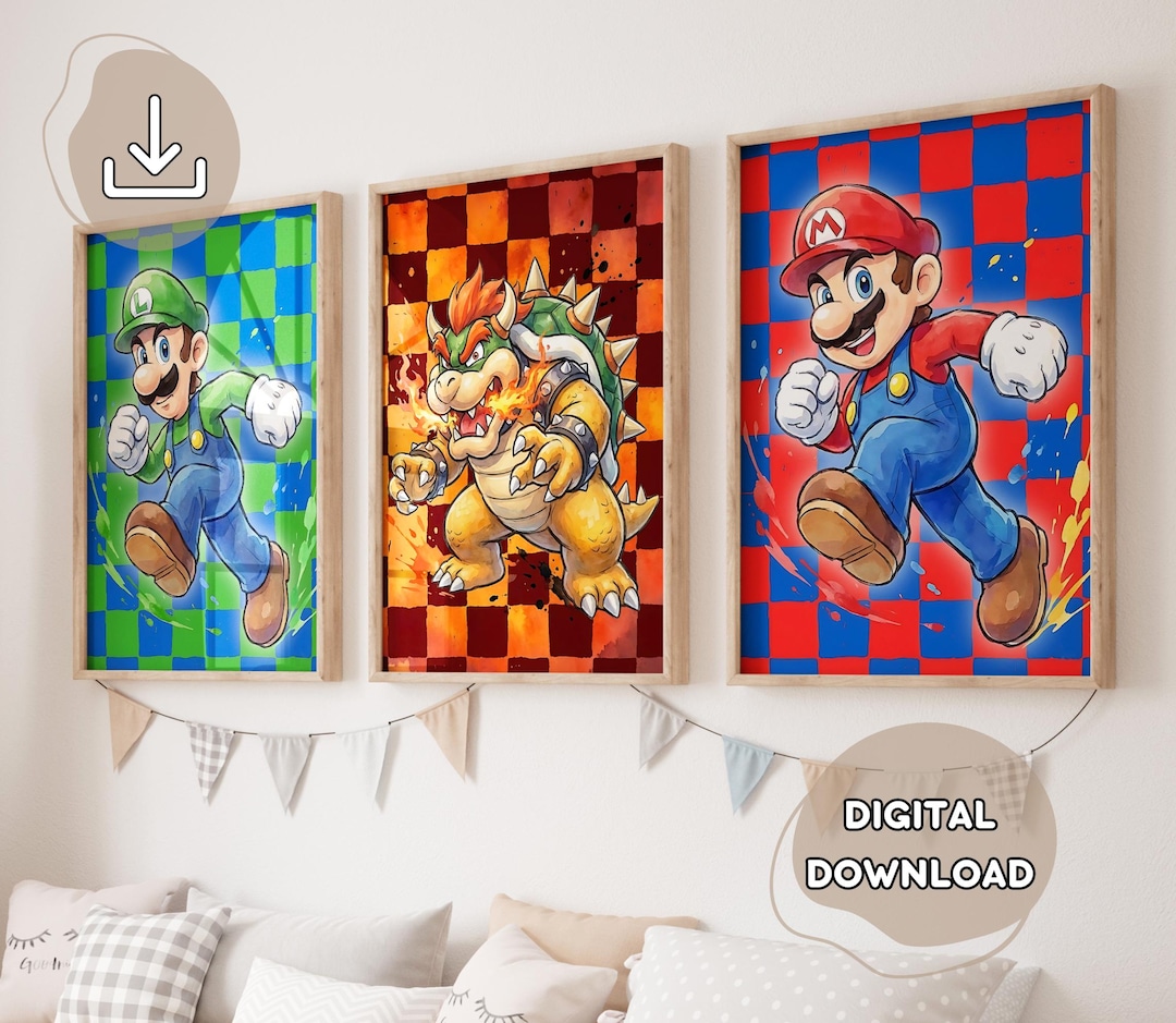 3 Checkered Super Mario Bros Prints - Mario Wall Art, Gift for Kids ...