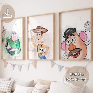 May include: Three framed watercolor prints featuring characters from the animated film Toy Story. Buzz Lightyear, Woody, and Mr. Potato Head are depicted with watercolor backgrounds. The text "DIGITAL DOWNLOAD" is visible.