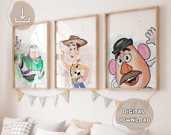 3 Toy Story akvarellposters - Toy Story handritade väggkonst, tryck för barn, småbarn, pojkrum, Woody Potato Buzz, väggkonst för barnkammaren