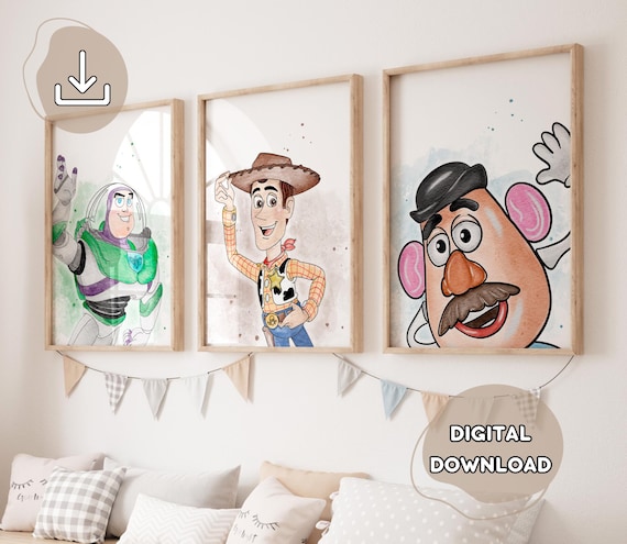 3 Toy Story Watercolor Posters - Toy Story Hand-Drawing Wall Art, Prints for Kids, Toddler, Boys Room, Woody Potato Buzz, Nursery Wall Art
