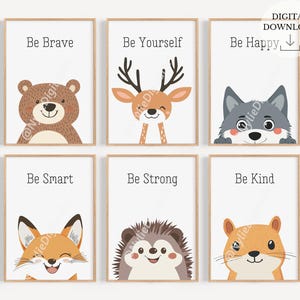 6 Waldkinderzimmerdrucke, Affirmationswaldposter, Babytierkunst, geschlechtsneutral, digitaler Download, grüne Waldkunst von Tierdrucken