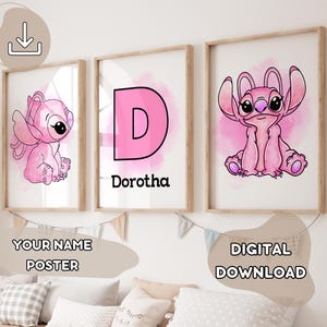 Conjunto de 3 pôsteres de anjo personalizados - Seu nome, presente de chá de bebê, impressão em ponto aquarela, impressões para crianças, Lilo & Stitch, Ohana significa família