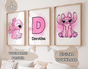 Set Of 3 Custom Angel Poster - Your Name, Baby Shower Gift, Watercolor Stitch Print, Prints for Kids, Lilo & Stitch, Ohana means Family