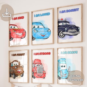 May include: Set of six printable posters featuring cartoon cars with positive affirmations. Each poster has a different car and a different affirmation, such as "I am kind", "I am loved", "I am honest", "I am funny", "I am strong", and "I am brave".