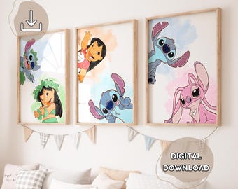 3 Minimalist Stitch Posters, Lilo & Angel, Ohana Means Family, Stitch Wall Art, Digital Download, Stitch Printable Posters, Nursery Wall Art