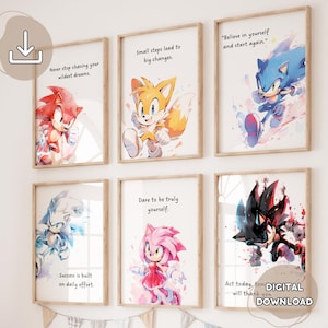 6 impresiones con frases positivas de Sonic: Sonic The Hedgehog, póster de Amy Rose de Tails, arte mural de Sonic, decoración de habitación de Sonic, regalo para baby shower, digital