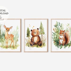 3 Waldtier-Poster – Aquarell-Wald-Wandkunst, Kinderzimmer-Dekor, Drucke für Kinder, Wald-Thema, digitaler Download, Wald-Kinderzimmer-Drucke