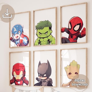 6 Minimalistische Superhelden Prints - Baby Hero Posters, Cadeau voor Jongens, Speelkamer Decoratie, Kinderkamer Avengers Prints, Digitale Download, Tekening