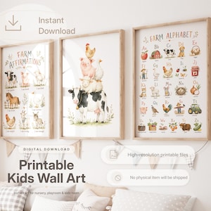 May include: Three framed wall art prints featuring watercolor farm animals. The left print shows Farm Affirmations with animals, the center shows a stack of animals on a cow, and the right shows a Farm Alphabet with letters A through Z.