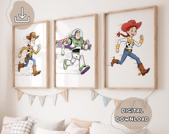 3 Minimalsit Toy Story Watercolor Posters - Toy Story Hand-Drawing Wall Art, Prints for Kids, Toddler, Boys Room, Woody Buzz Jessie Wall Art