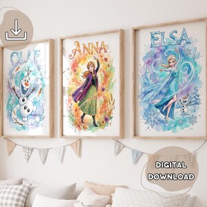May include: Three framed watercolor prints featuring characters from the movie Frozen. The prints include Olaf, Anna, and Elsa, each set against a colorful background. The text "DIGITAL DOWNLOAD" is visible.