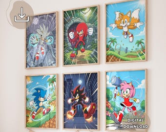 May include: Six framed art prints featuring characters from the Sonic the Hedgehog video game series. Each print showcases a different character in a dynamic pose against a colorful background. The prints are in wooden frames.