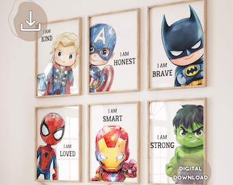 6 Nursery Superheroes Prints - Kids Affirmation Poster, Gift for Boys, Baby Boys Room Decor, Superheroes Playroom Decor, Prints for Kids