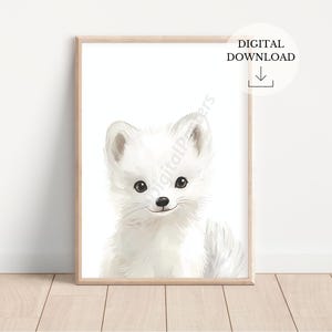 Linda decoración de vivero de animales árticos - Impresión de decoración de zorro ártico - Arte ártico de aventura - Decoración de vivero neutral de género - Pintura de acuarela animal