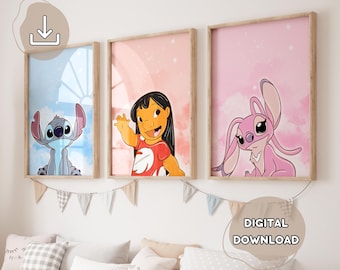 3 Watercolor Stitch Posters Lilo & Stitch, Ohana Means Family, Stitch Wall Art, Digital Download, Stitch Printable Posters, Nursery Wall Art