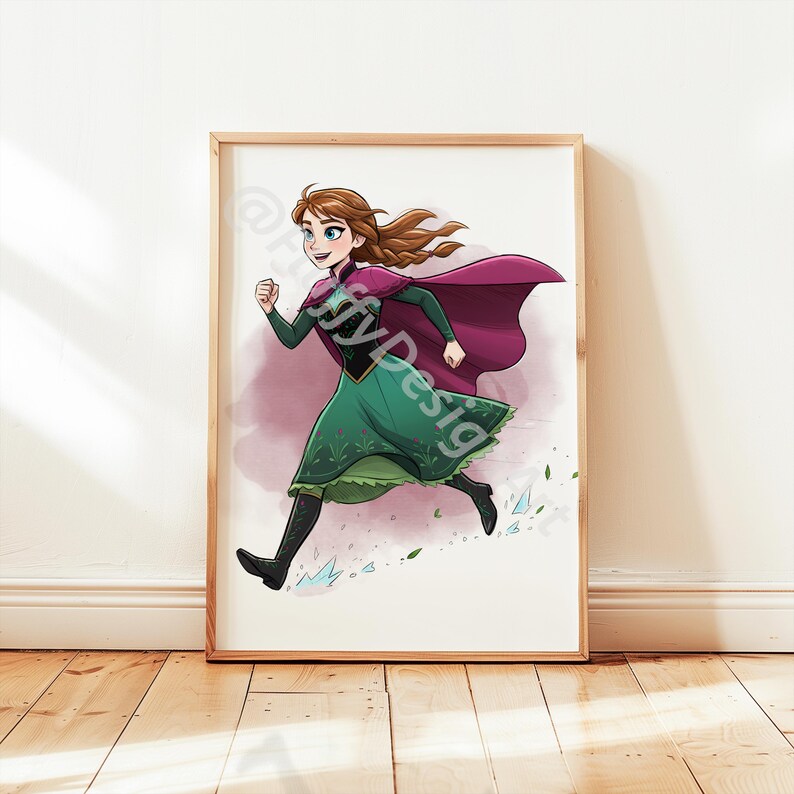 May include: A framed print featuring a cartoon illustration of a character in a green dress and a purple cape, running. The character has brown hair and is set against a light background with a pink and purple wash. The frame is wooden.
