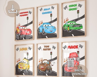 6 Hand-Drawing Lightning McQueen Prints - Watercolor Cars, Prints for Kids, Digital Download, Cars Wall Art, Nursery Cars, Tow Mater Sally