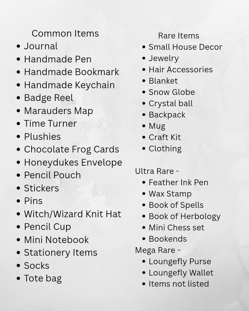 May include: A white list of items categorized by rarity, including Common Items like Journal, Handmade Pen, and Bookmark; Rare Items such as Jewelry and Blanket; Ultra Rare items like Feather Ink Pen and Book of Spells; and Mega Rare Loungefly items.
