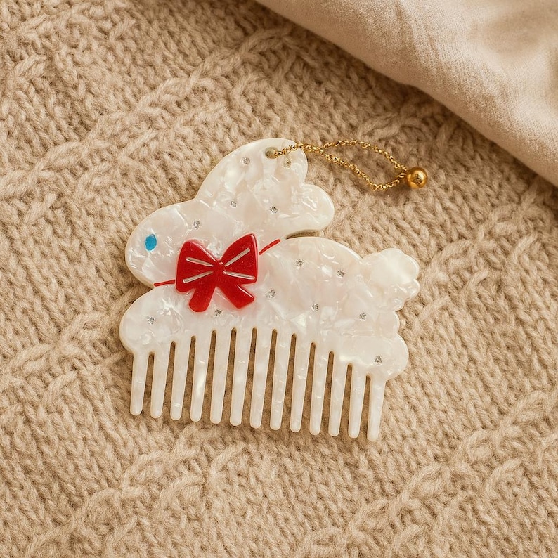 K&ouml;nnte beinhalten: Ein wei&szlig;er, hasenf&ouml;rmiger Haarkamm mit roter Schleife und goldener Kette. Der Kamm hat eine perlmuttartige Oberfl&auml;che und ist mit kleinen, funkelnden Akzenten verziert. Die Z&auml;hne des Kamms sind wei&szlig; und gleichm&auml;&szlig;ig angeordnet.