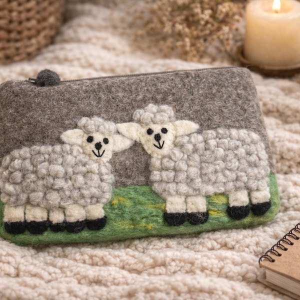 Felt Wool Sheep Pouch, Hand-Felted Animal Purse, Zippered Cosmetic Bag