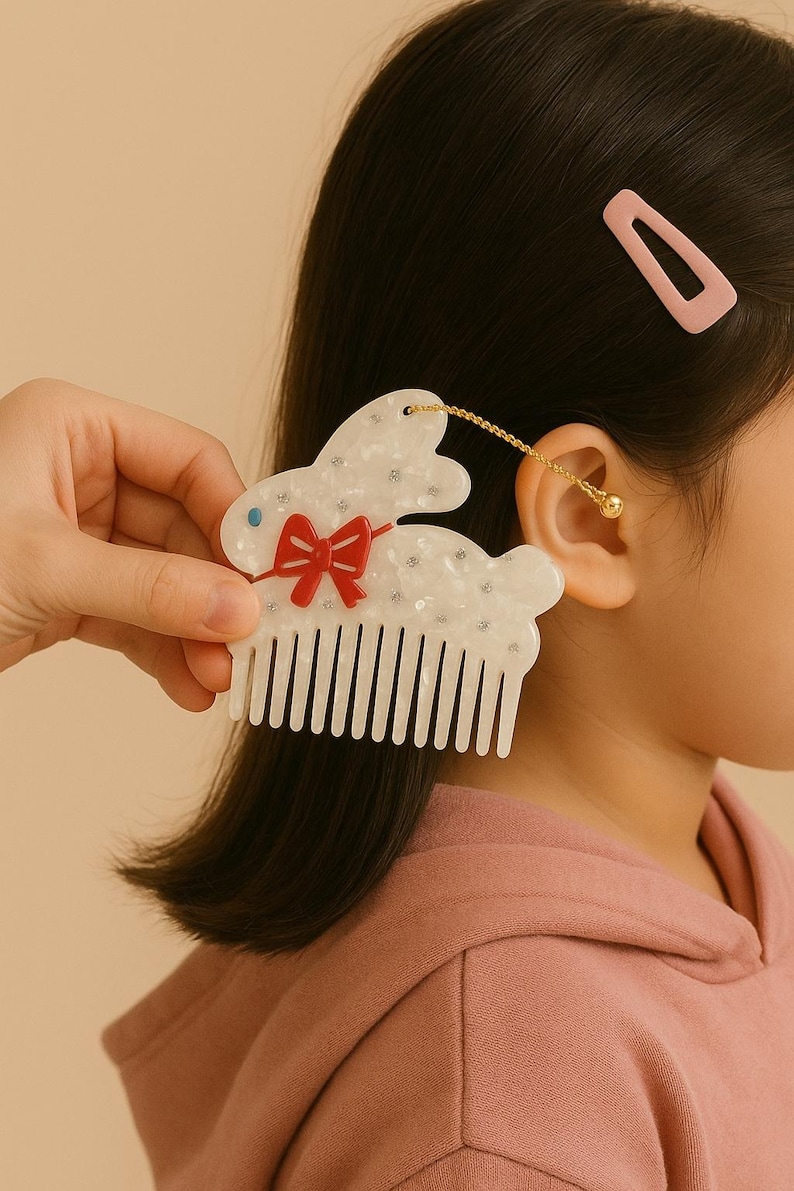 K&ouml;nnte beinhalten: Ein wei&szlig;er, hasenf&ouml;rmiger Haarkamm mit roter Schleife und goldener Kette. Der Kamm hat ein dekoratives Design mit kleinen Verzierungen. Eine rosa Haarspange ist im Hintergrund zu sehen. Der Kamm wird in der N&auml;he des Ohrs einer Person gehalten.