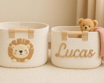 Personalized Cotton Rope Basket, Animal Toy Storage, Baby Shower Gift, Woven basket baby nuesery decor