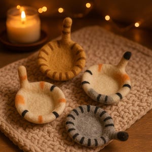 Puede incluir: Cuatro cuencos de fieltro con forma de gato en tonos beige, crema y gris. Cada cuenco tiene una cola y detalles de rayas. Los cuencos están colocados sobre una superficie beige texturizada, con una vela encendida al fondo.